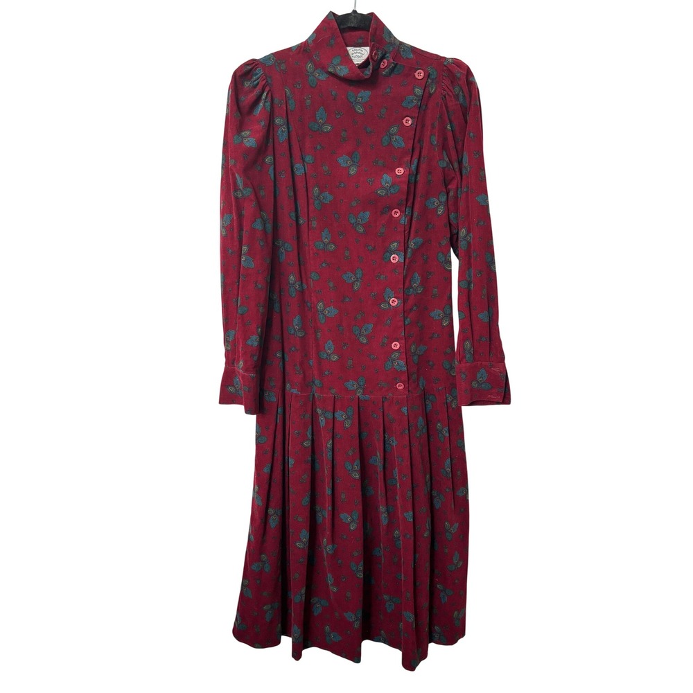 Vintage Laura Ashley Burgundy Floral Corduroy High Neck Pleated Dress US 8